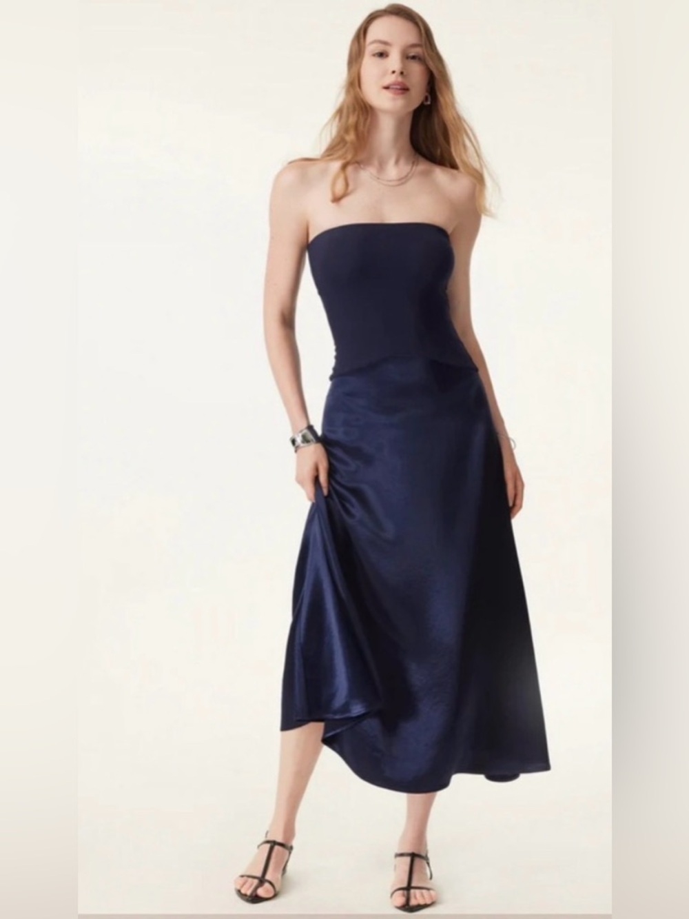 NWT OGL Strapless Navy Satin Midi Dress in Size Small